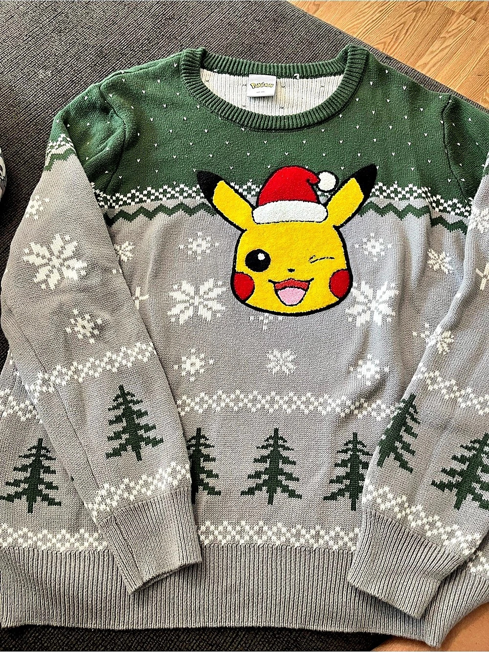 Pokemon Pikachu Santa Hat Holiday Sweater Gray & Green 2XL